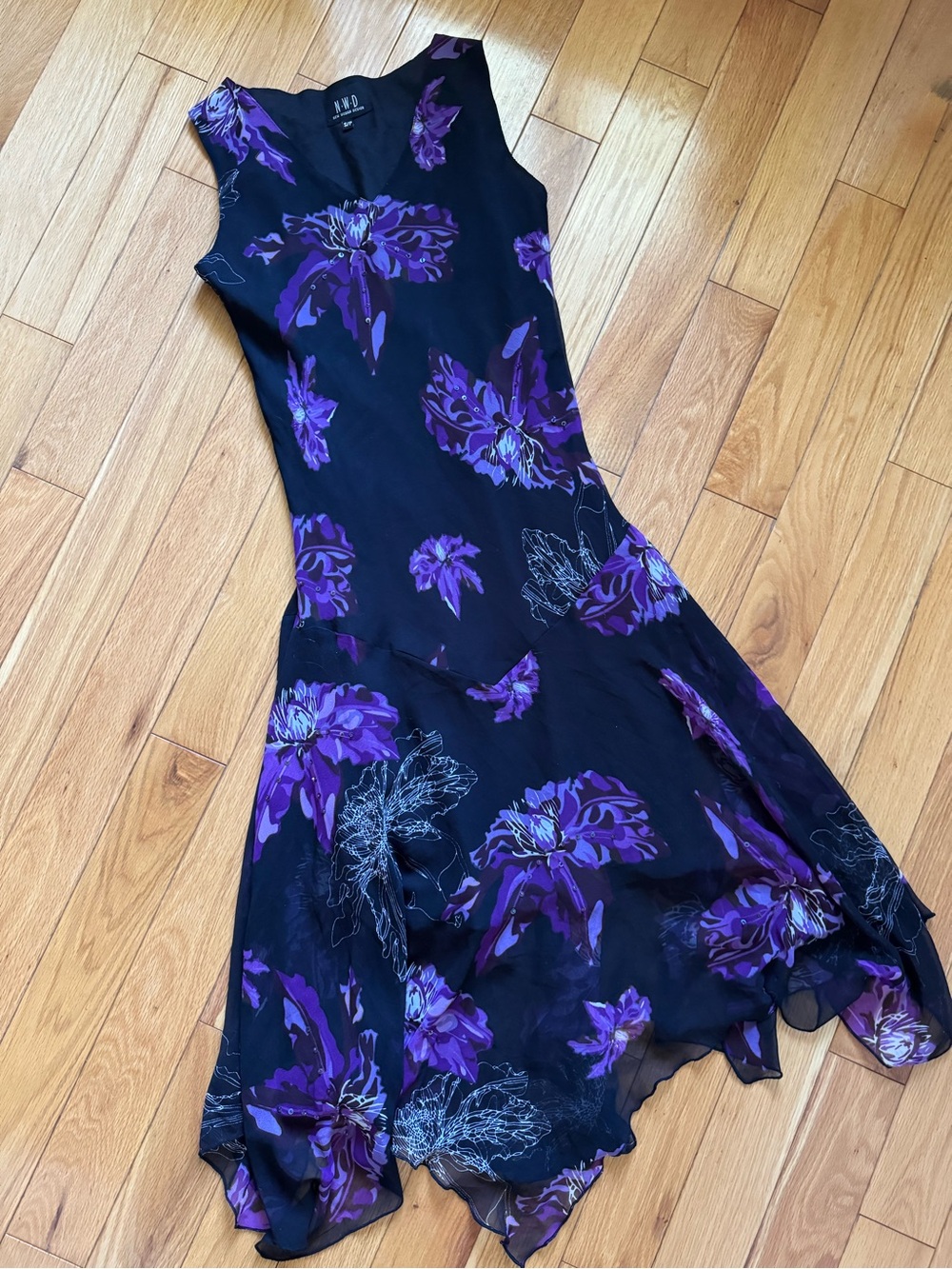 Ann Taylor Black Dress with Purple Floral Asymmetrical Hem